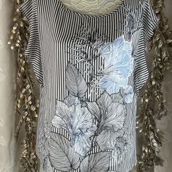 Vince Camuto Black & White Striped Floral Ruffle Sleeve Blouse - Size L