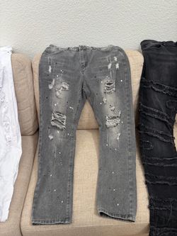 Gray Distressed Denim Jeans with Paint Splatter