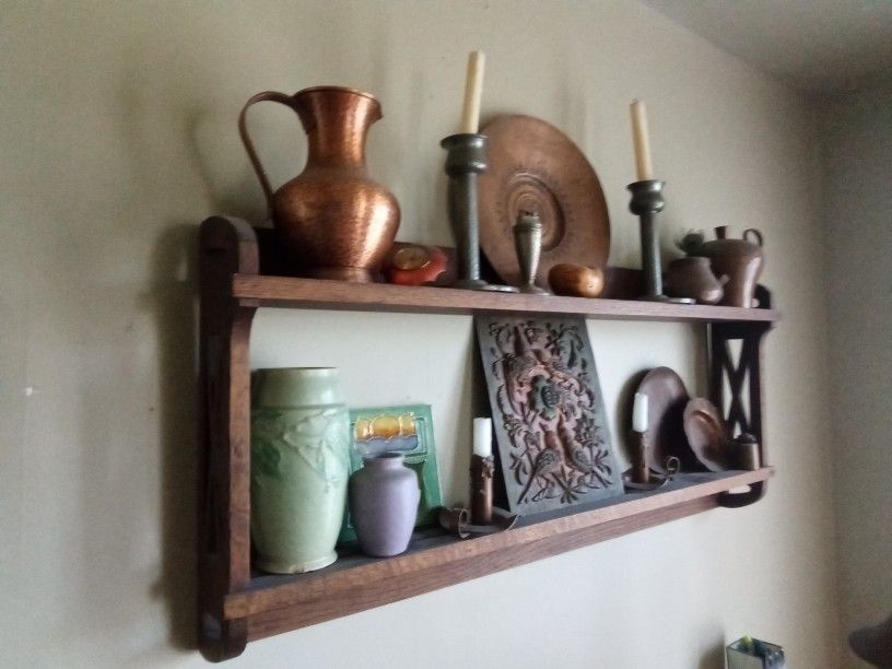 Collection Of Craftsman 1900 Antiques Wall Shelf Oak Hammered Copper Pottery Roseville Candlesticks Tile