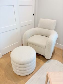 Crate & Barrel Snoozer Cream Boucle Nursery Swivel Glider Chair & Ottoman by Leanne Ford