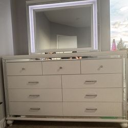 White Mirrored Dresser with LED Lighted Mirror 