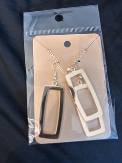 Silver Rectangle Drop Earrings and Necklace Set