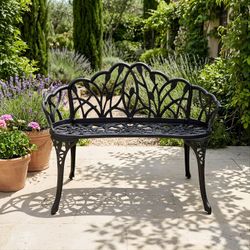 Outdoor Garden Bench, Cast Aluminum Patio Loveseat with Leveling Feet, Heavy-Duty All-Weather Seating with Burr-Free Rounded Corners for Yard Lawn Por