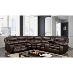 New Reclining Sectional.  Brown / Black Breathable Leatherette.  123x111x41H.  Free Delivery!