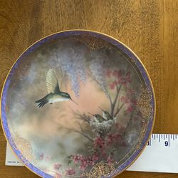 Decorative Hummingbird Plate - China (not glass. Gold edging.  - nice for end table. China (not glass). Gold edging.