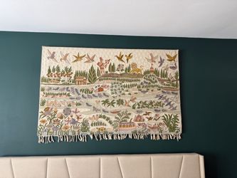 Hand-Embroidered Wall Tapestry with Fringe