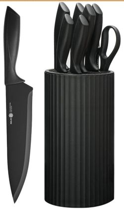 Knife Set, 8-Piece Kitchen Knife Set with Universal Block - Anti-Rust Chef Knives, Ergonomic Design, Dishwasher Safe (Black)