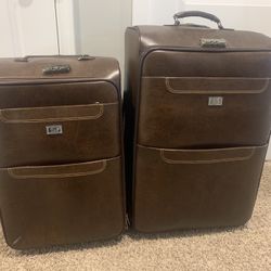 2‑Piece Leather Luggage Set — Storage Only • Inside Like New • Worn Exterior — Name Your Price🧳