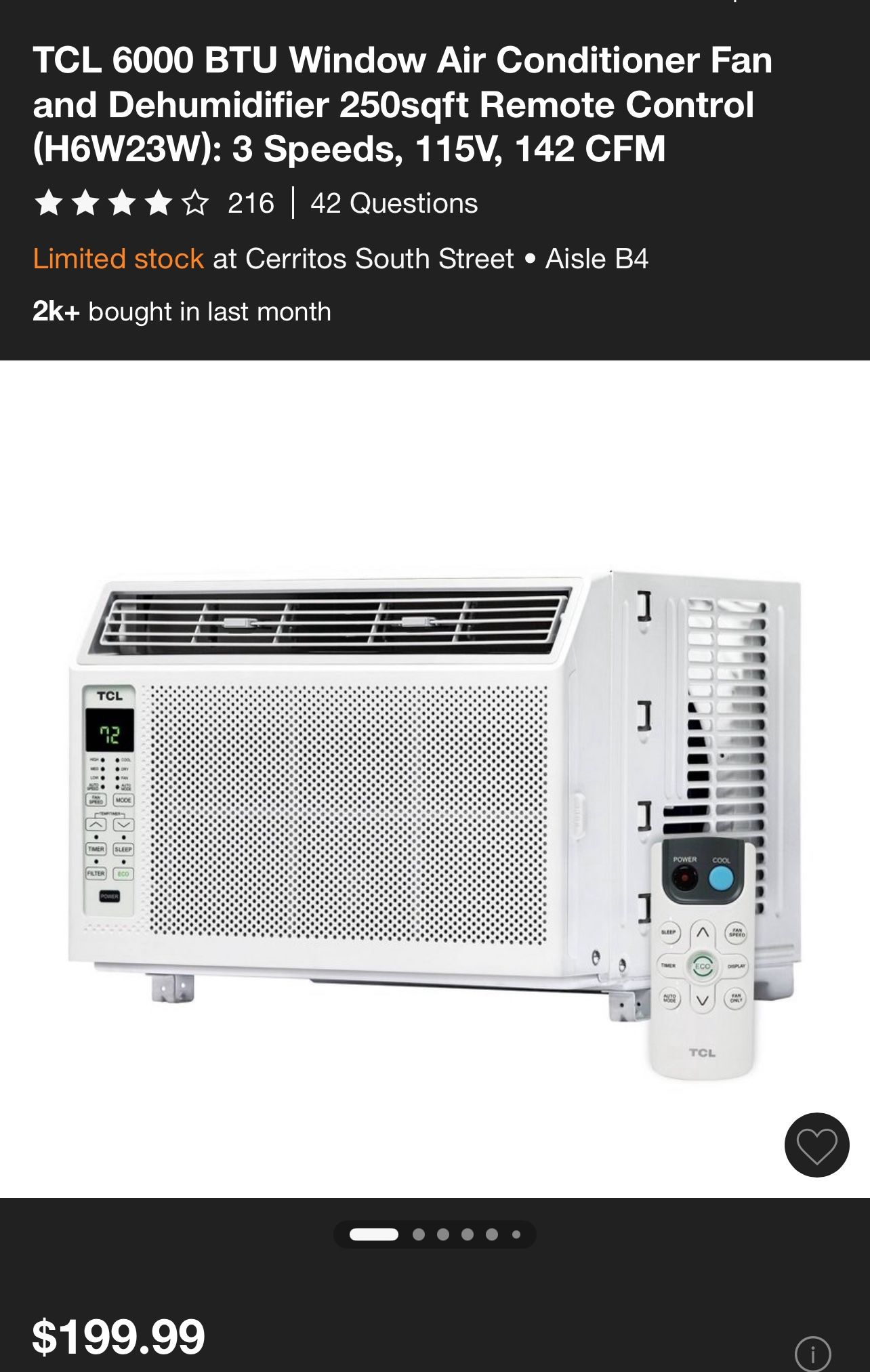 TCL 6000 BTU Window Air Conditioner Fan and Dehumidifier 250sqft Remote Control (H6W23W): 3 Speeds, 115V, 142 CFM