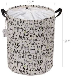 Large Size Panda Design Canvas Fabric Laundry Hamper Collapsible Storage Basket with PU Leather Handles and Drawstring Cover for Kid’s Room, 19.7 by