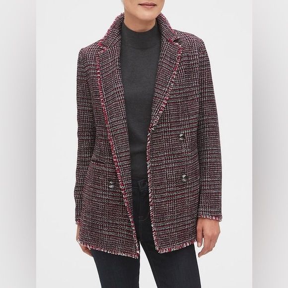 Banana Republic Red Black Boucle Long Jacket Size 8