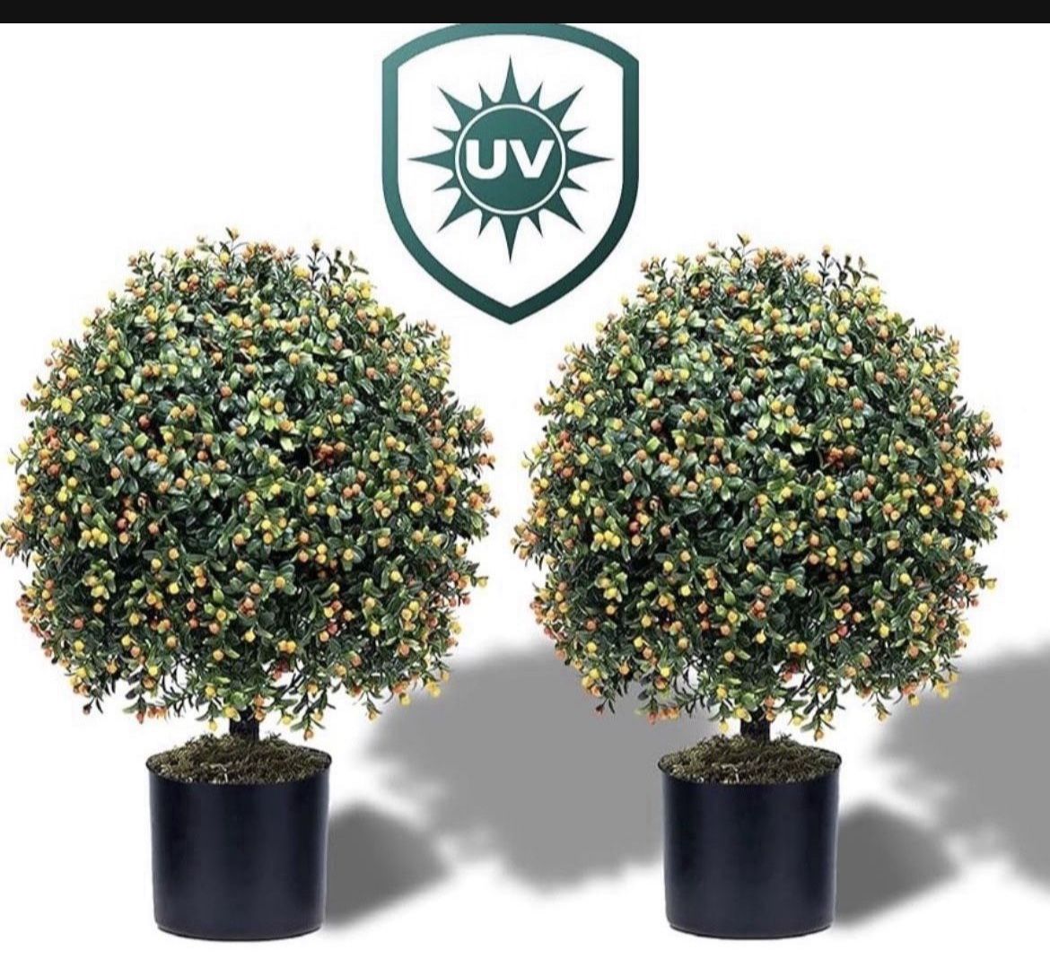 Set of 2-Pre-Potted Artificial Boxwood, 24'' Anti-UV Engineering Grade Material, Decorative Topiary Ball for Indoor Outdoor (Green with Orange Fruits)