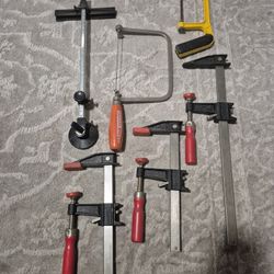 Woodworking Tool Lot – Bessey Clamps, Coping Saw, Circle Jig
