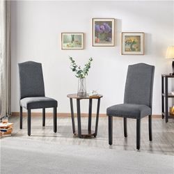Fabric Upholstered Kitchen Chairs Tall Back Dining Room Side Chairs with Nailhead Trim Solid Wood Legs Dark Gray