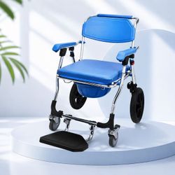 Shower Wheelchair with Commode, Aluminum Alloy Shower Chair with Wheels, Blue Wheelchair Equipped with Armrests and Handbrake