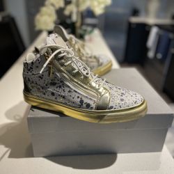Giuseppe Zanotti Paint-Splatter Mid-Top Sneaker, Gold/White $500