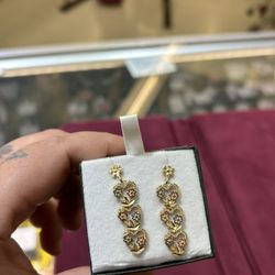 14K TRI-COLOR Heart Dangle Earrings 