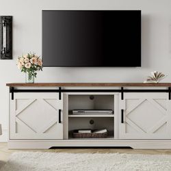 Modern Farmhouse TV Stand for TVs up to 75 Inches with Sliding Barn Doors, 25.6 Inch Tall Wooden Entertainment Center with Adjustable Storage Shelf fo