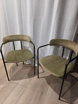 West Elm green fabric upholstered dining chairs
