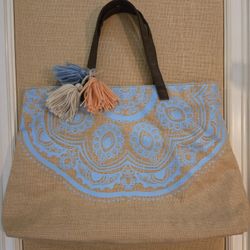 Ion Cabana Large Bulap Bag With Colorful Tassels