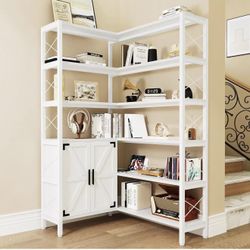 6-Shelf Corner Bookshelf, Vintage Industrial Corner Shelf Etagere Bookcase, Large Book Shelf with Metal Frame Open Storage Corner Cabinet (YYB0041-6GC