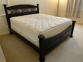 Cal King oak wood Bed Frame and mattress