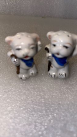Vintage Pig Salt & Pepper Shakers w/ Walking Sticks & Blue Scarves