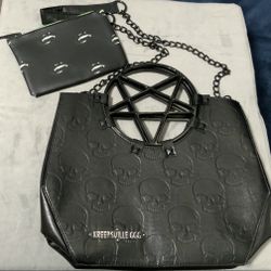 Kreepsville Skull 666 Handbag Purse Pentagram Handle Wicked Gothic Black Like New Never Used 