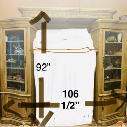 Height 92” two side columns are 27” wide each  total width 106 1/2”.  Has light on the top.