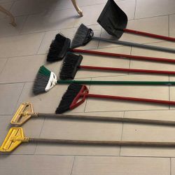Garbage Collector, 5 Brooms And 2 Mop Handle All For $6