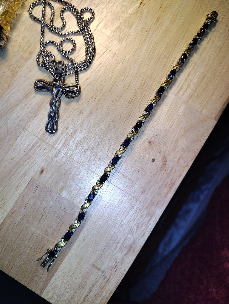 925 Sterling Silver Gold Plated Sapphire Diamond XO Link Tennis Bracelet 7"