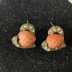 Women’s Vintage Gold & Peach Heart Shape Stud Fashion Jewelry Earrings, Size .5