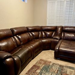 Genuine Brown Leather Sectional With Recliner