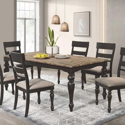 New, seven piece dining set with quality table and six chairs or table four chairs and bench