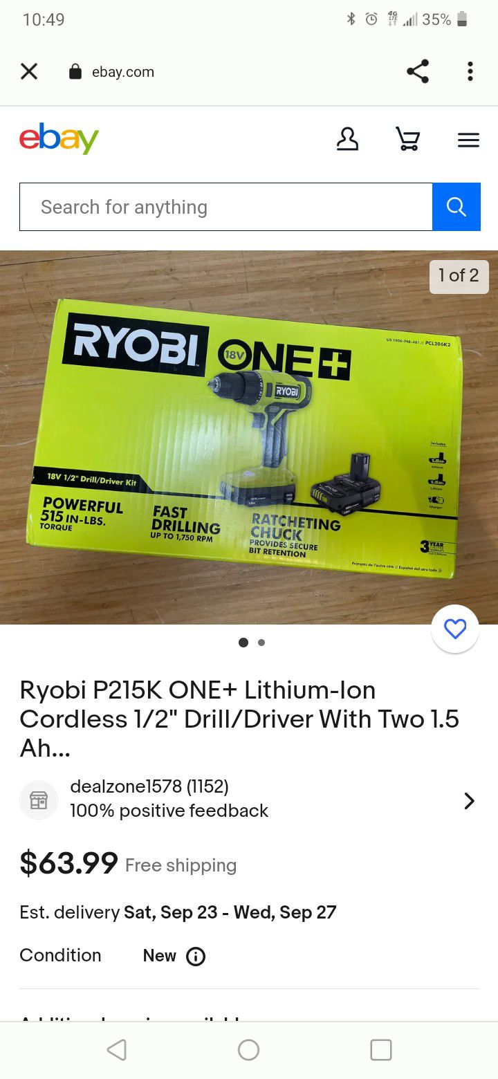 Ryobi 18V  1/2" DrillDriver Kit