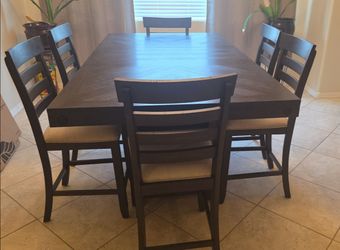 Beautiful Dark Wood Dining Set – Table, 6 Chairs & Wine Storage Cabinet