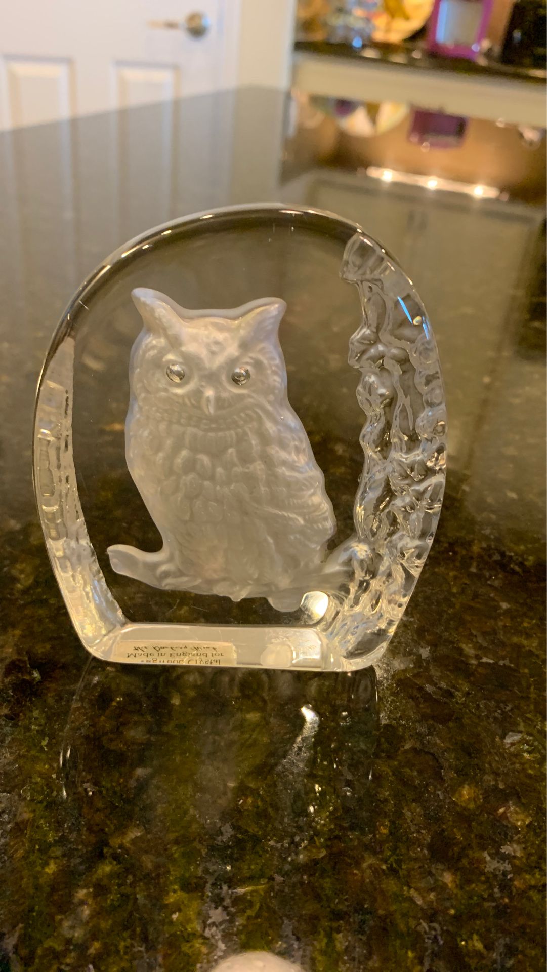 WEDGWOOD Crystal 3D Etched OWL Paperweight. 4 inches tall, made in England, Signed