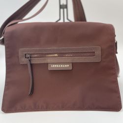 Longchamp Paris Brown Crossbody Nylon Messenger Bag with Adj. Strap - Includes bag & Glasses Case!
