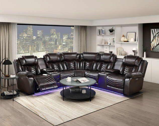 Stylish 3 Pc Brown Power reclining sectional w/LED light & Speakers