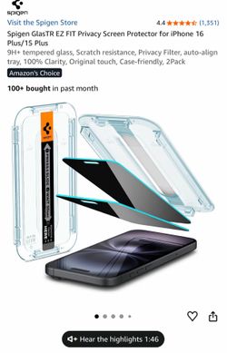 New 2 PK Spigen GlasTR EZ FIT Privacy Screen Protector for iPhone 16 Plus/15 Plus 9H+ tempered glass, Scratch resistance, Privacy Filter, auto-align t