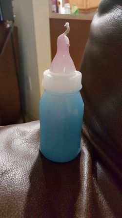 Blue & Pink Bottle Painted Candle Adorable Home Decor 5 1/2" Tall