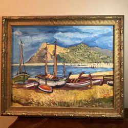 Vintage framed early Charles Mulvey original nautical seaside painting 23 x 19.25