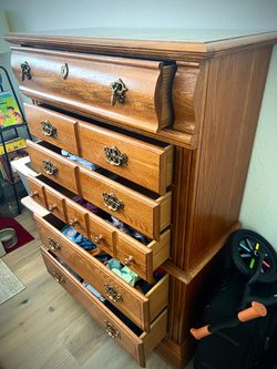 Tall Oak Wood Chest of Drawers