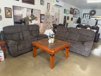 Brown Fabric Reclining Sofa and Loveseat Set