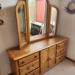 Oak Dresser with Tri-Fold Mirror