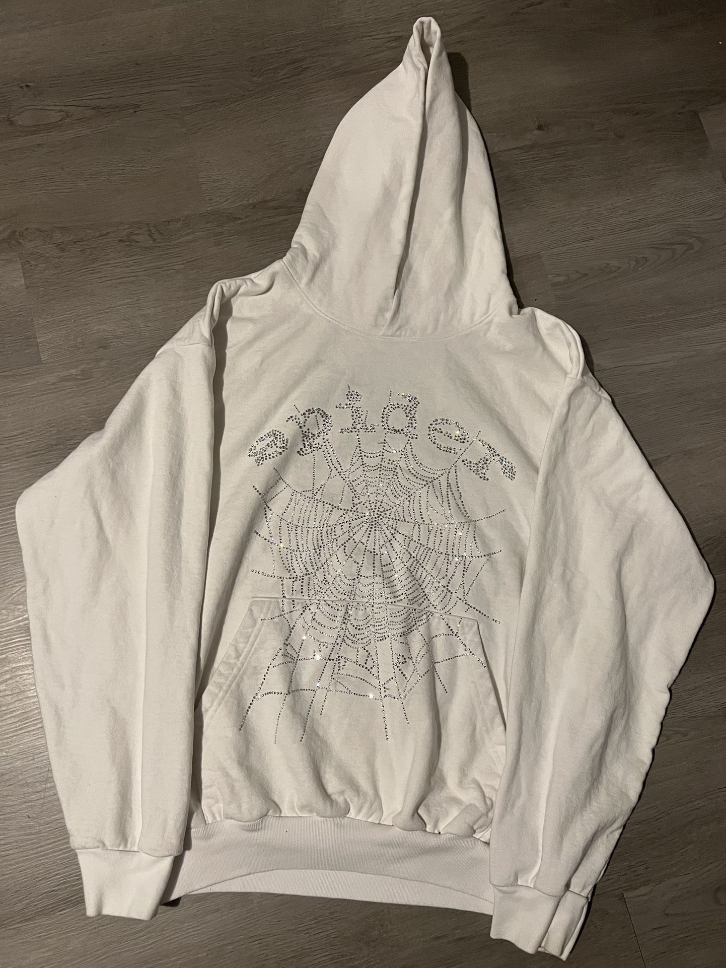 white rhinestone sp5der hoodie