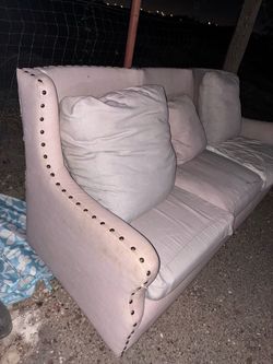 Light Pink Fabric Sofa with Nailhead Trim