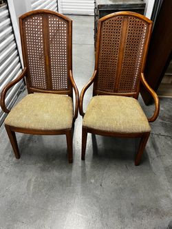 Pair of Wood Cane Back Dining Arm Chairs
