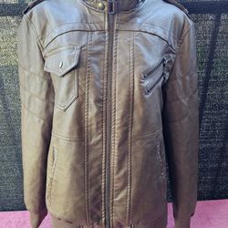 Sweater Motorcycle Biker Faux Leather Men's Unisex Brown Jacket - Size Small