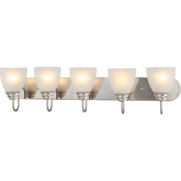 Mari 5-light light bar or wall sconce for bathroom or vanity, brushed nickel finish, with frosted white bell-shaped glass shades